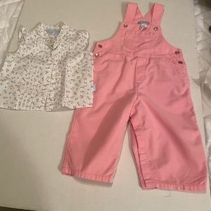 Flowered shirt, and pink corduroy girl overalls, size 18 months